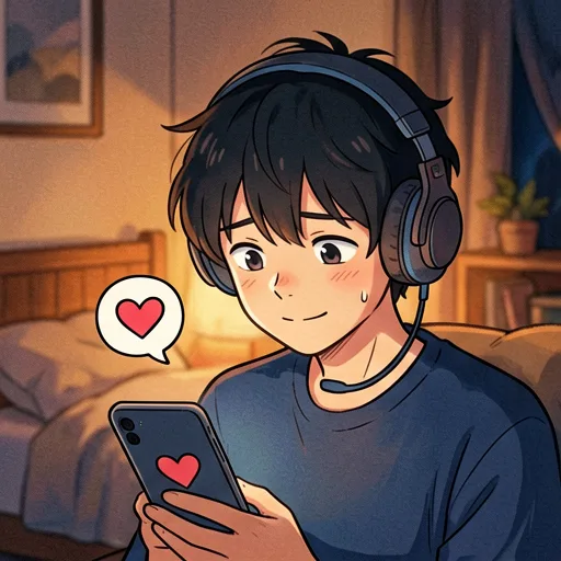 Ilustrasi anime seorang introvert menggunakan aplikasi kencan di ponselnya di ruangan yang nyaman.