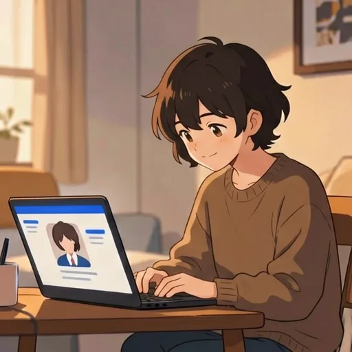 Ilustrasi anime seorang introver menggunakan situs kencan di laptop dalam suasana rumah yang nyaman.